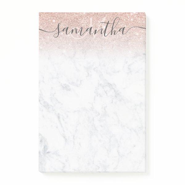 Monogram typography marble rose gold glitter ombre post-it notes