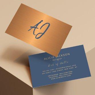 Monogrammed elegant metallic copper navy
