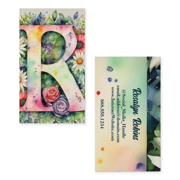 Monogrammed Letter R Simple Chic Floral Watercolor