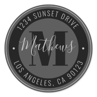 Monogrammed Name & Circular Text | Grey & Black Classic Round Sticker