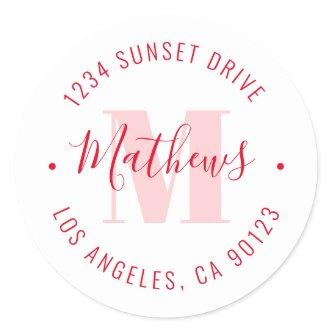 Monogrammed Name & Circular Text | Red & White Classic Round Sticker