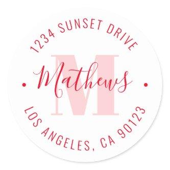 Monogrammed Name & Circular Text | Red & White Classic Round Sticker