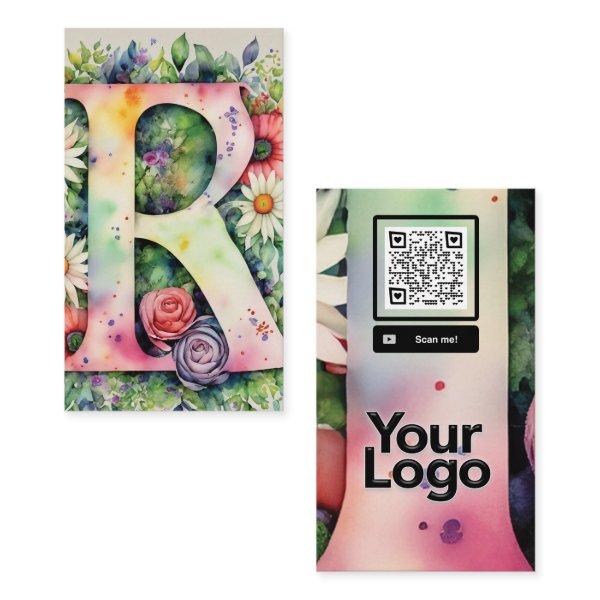 Monogrammed R Daisy Floral Watercolor QR Code Logo