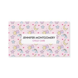 Moon, Stars and Clouds Pattern on Pink