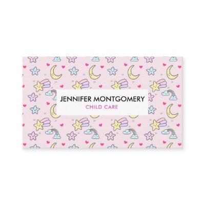 Moon, Stars and Clouds Pattern on Pink