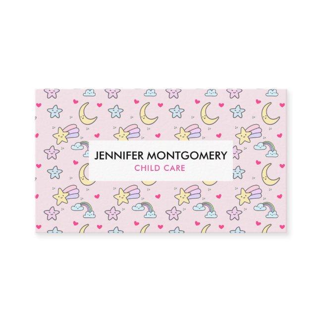 Moon, Stars and Clouds Pattern on Pink