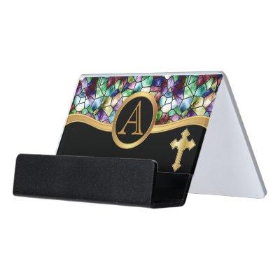 Mosaic Abstract Stain Glass | Golden Cross Desk  Holder
