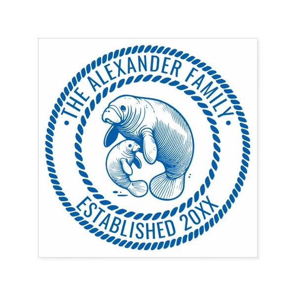 Mother and Baby Manatee Family Name Date Estd Rope Self-inking Stamp