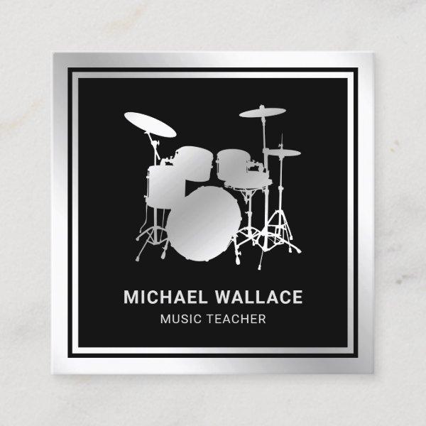 Music Teacher Black Silver Foil Drum Kit Drummer Square