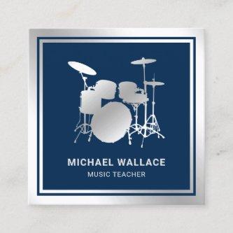 Music Teacher Blue Silver Foil Drum Kit Drummer Square