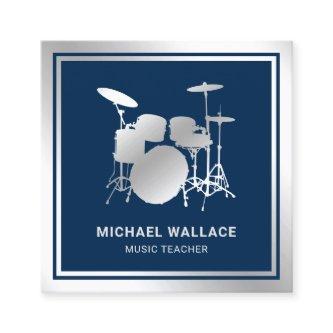 Music Teacher Blue Silver Foil Drum Kit Drummer Square