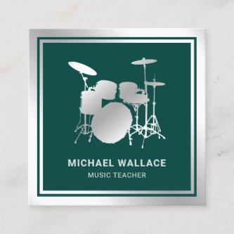 Music Teacher Green Silver Foil Drum Kit Drummer Square