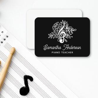 Music Teacher Modern Black Floral Treble Clef