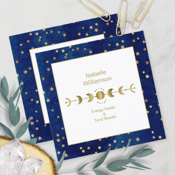 Mystical Celestial Stars Moon Phase Navy Blue Gold Square