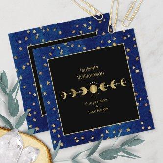 Mystical Celestial Stars Moon Phase Navy Blue Gold Square