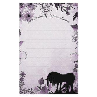 Mystical Unicorn w/lines (purple flowers & leaves) Stationery