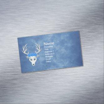 Mythical White Deer Head Wearing Roses on Blues  Magnet