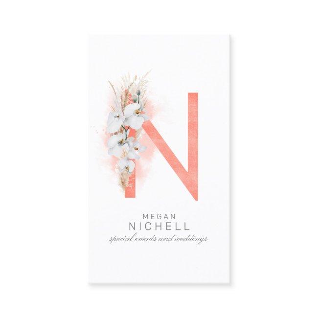 N Letter Monogram White Orchids and Pampas Grass
