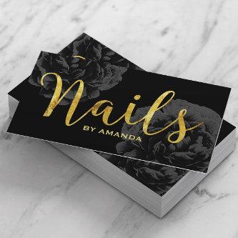 Nail Salon Gold Script Elegant Black Floral