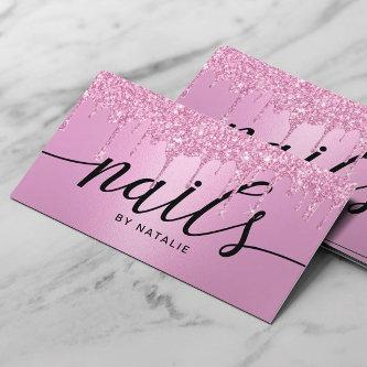 Nail Salon Pink Glitter Drips Typography Manicure