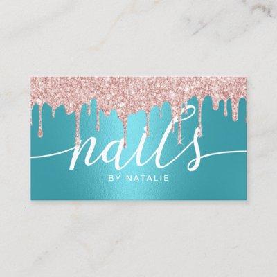 Nail Salon Rose Gold Drips Turquoise Typography