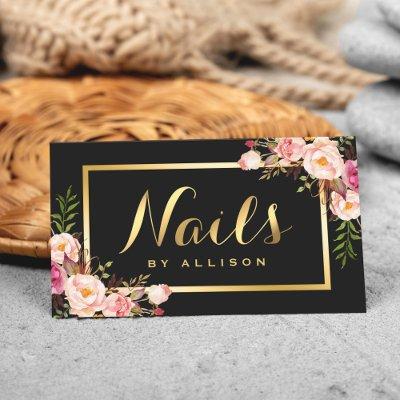 Nail Technician Salon Black Gold Floral Script