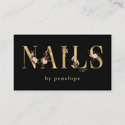 Nails | Gold Floral Typography on Black