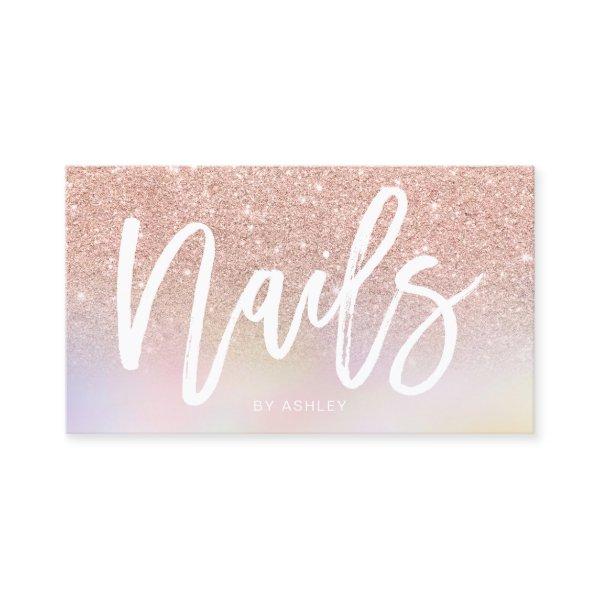 Nails script rose gold glitter chic holographic