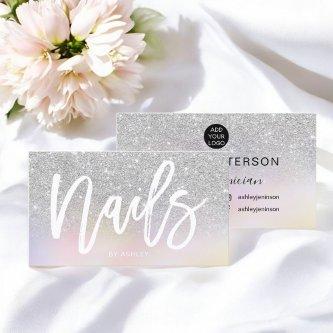 Nails script silver glitter chic holographic