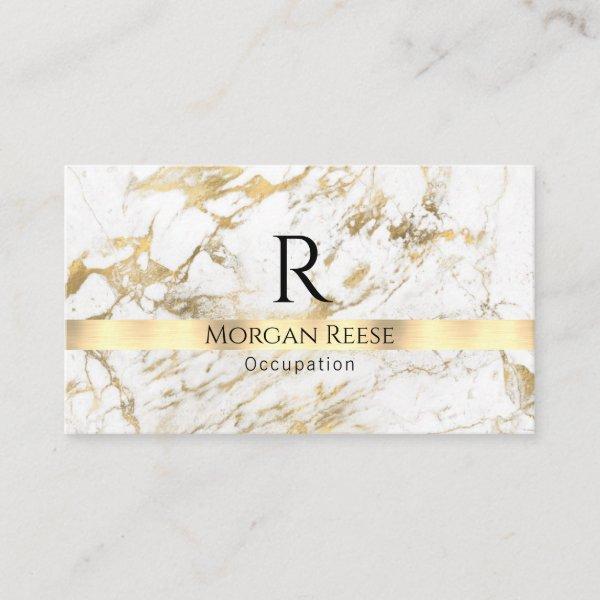 Name & Monogram, QR code, White & Gold Marble Vs 3