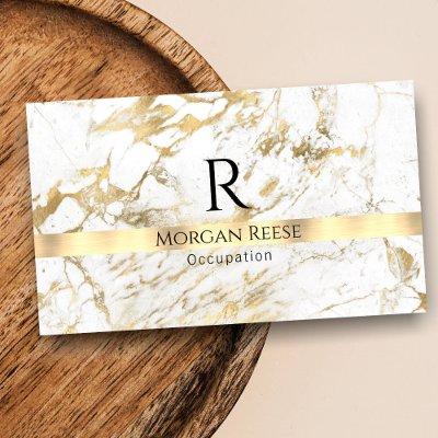 Name & Monogram, QR code, White & Gold Marble Vs 3