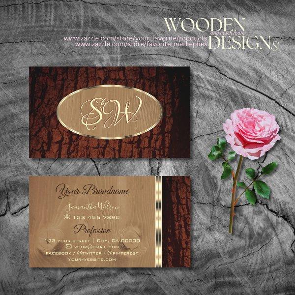 Natural Tree Bark Grain Oval Gold Border Monogram