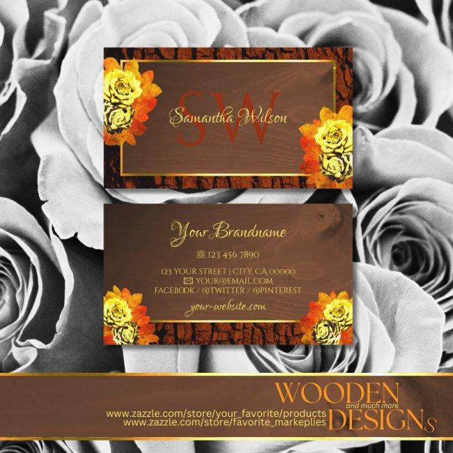 Natural Yellow Blooming Roses Wood Grain Initials