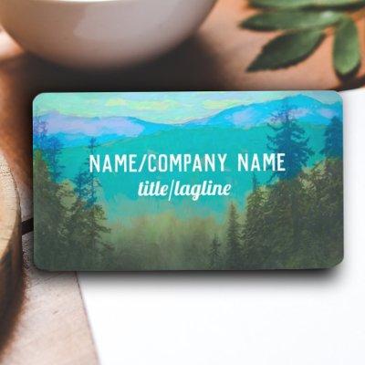 nature art mountains and pines teal and green
