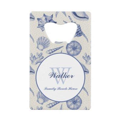 Nautical Themed Blue Seashell Custom Credit Card Bottle Opener