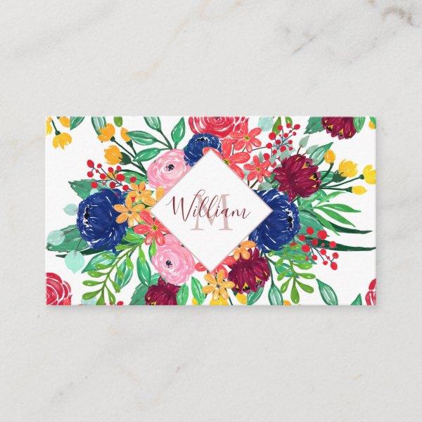 Navy Blue and Red watercolor boho chic Flowers
