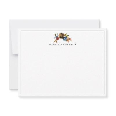 Navy Blue Autumn Fall Rose Brown Floral Watercolor Note Card