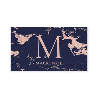 Navy Blue Copper Rose Gold Foil Marble Monogram