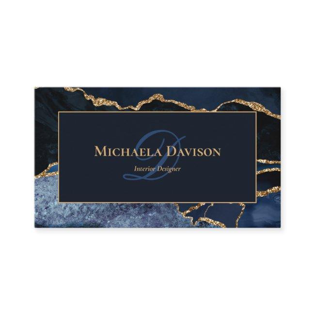 Navy Blue Gold Agate Monogram Elegant