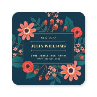 Navy blue gold frame floral boho flower bouquet square