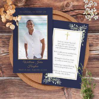 Navy Blue Gold Funeral Memorial Photo Prayer Cards