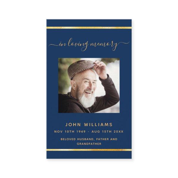 Navy blue gold photo elegant funeral program card