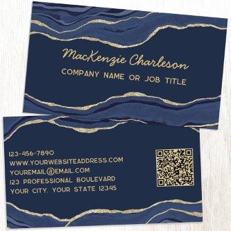 Navy Blue Marble Agate Gold Glitter QR Code