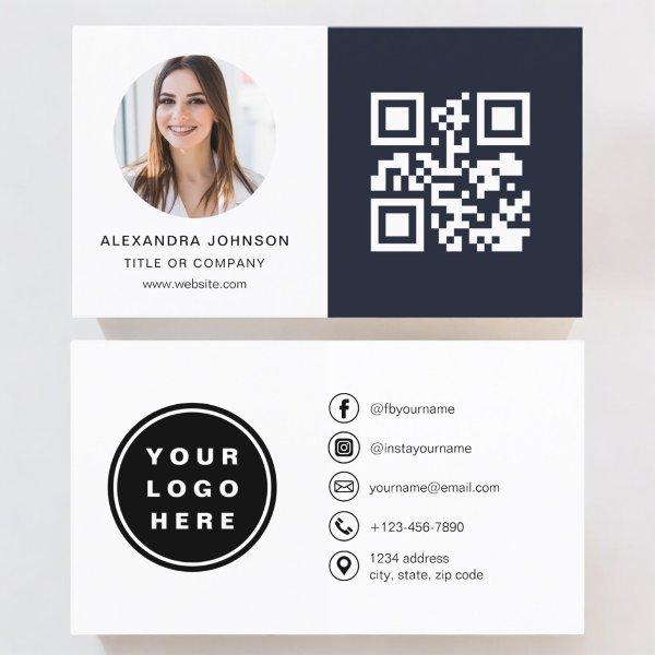 Navy Blue Minimalist Photo QR Code Social Media