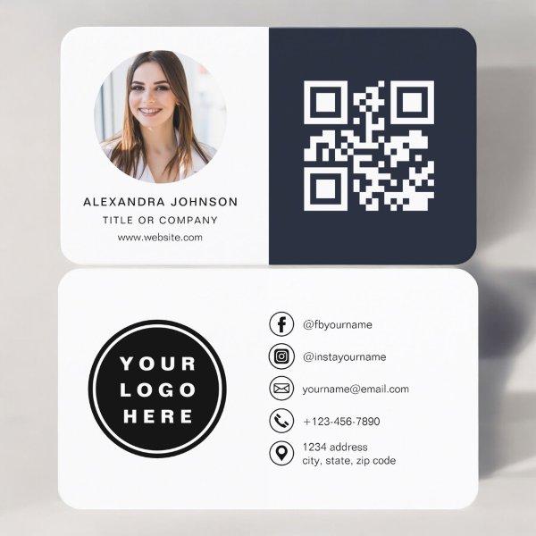 Navy Blue Minimalist Photo QR Code Social Media