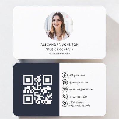 Navy Blue Modern Photo with QR Code Social Media