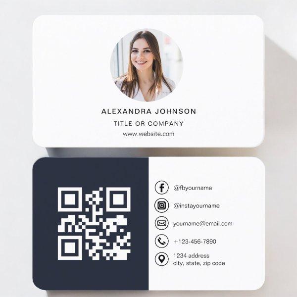 Navy Blue Modern Photo with QR Code Social Media