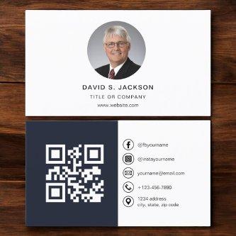 Navy Blue Modern Photo with QR Code Social Media