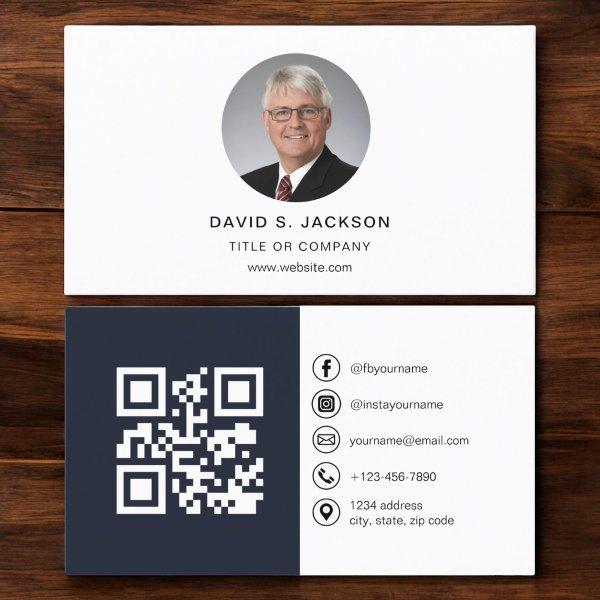 Navy Blue Modern Photo with QR Code Social Media