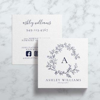 Navy Blue Monogram Floral Crest Professional Square